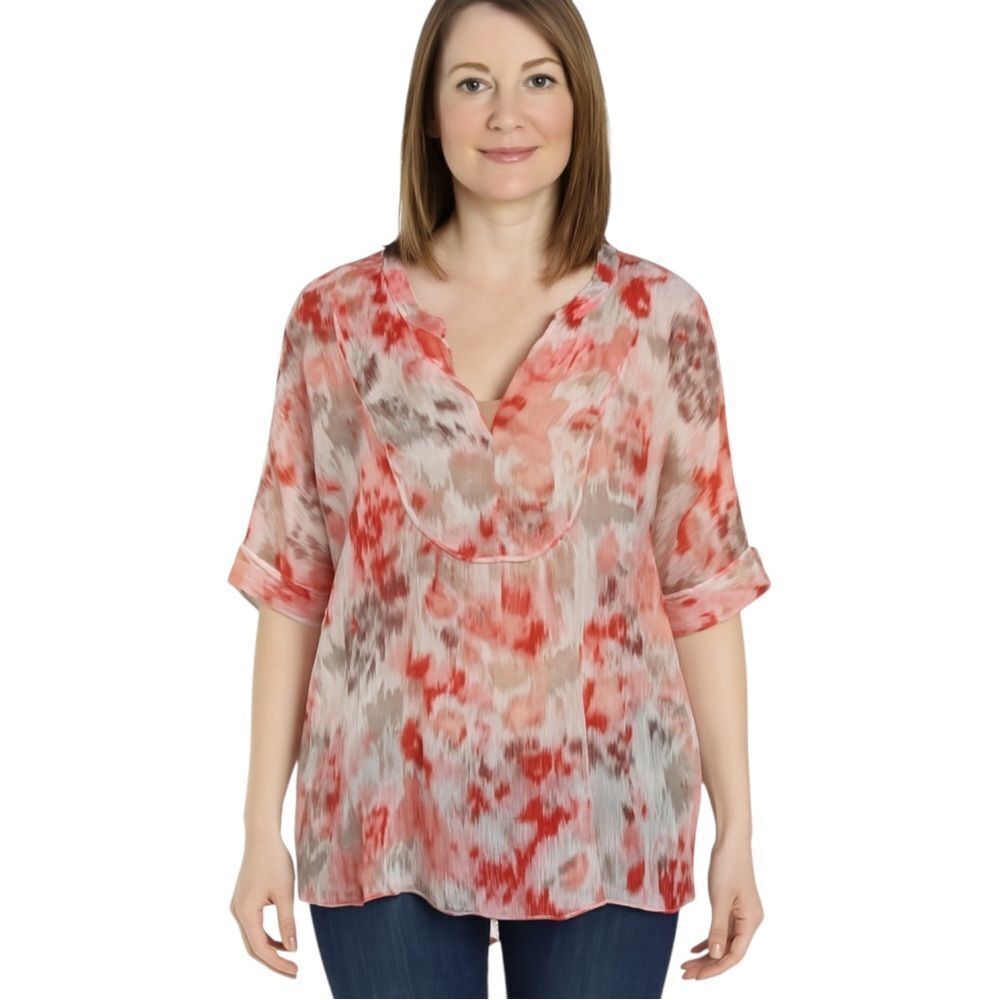 Two by Vince Camuto Red, Pink and Gray Floral Sheer Short Sleeve Top